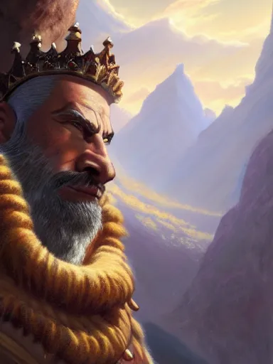 Prompt: close up over the shoulder of a powerful king looking to the very distant horizon full of montains and valleys. intricate, elegant, highly detailed, digital painting, artstation, concept art, sharp focus, illustration, by justin gerard and artgerm, 8 k