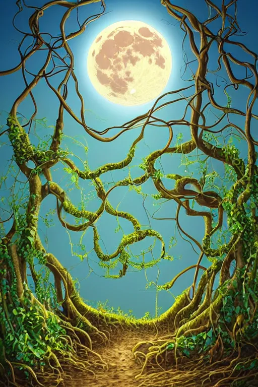 Image similar to a beautiful digital illustration painting of a detailed fantasy full moon and roots, throne chair and vines puffy clouds mystical skyby howard arkley. 8 k resolution trending on artstation concept art digital illustration