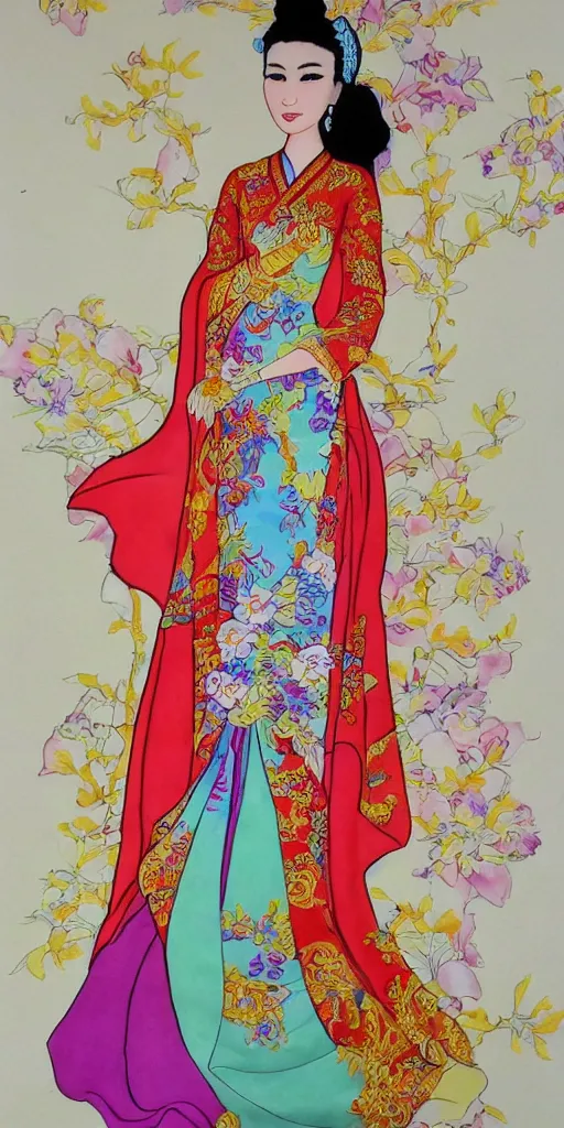 Image similar to silk painting of beautiful vietnamese princess wearing vietnamese ao dai, 2 d game character design, in the style of lam manh