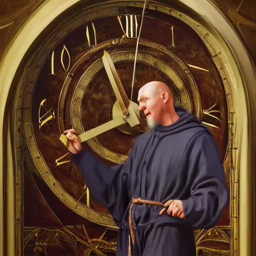 Image similar to medieval monk maintaining an enormous, complex, mechanical clock, oil painting, warm lighting, realistic, trending on artstation