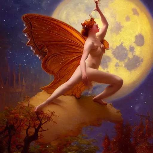 Image similar to attractive fairy magically floating high in the night, fantasy, full moon in background. highly detailed painting by gaston bussiere, craig mullins, j. c. leyendecker, mid shot, 8 k