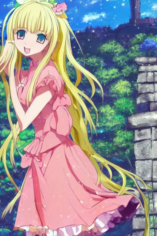 Prompt: a very cute art of a smiling blonde anime girl idol wearing a colorful dress walking at the garden, in the style of anime, near a stone gate