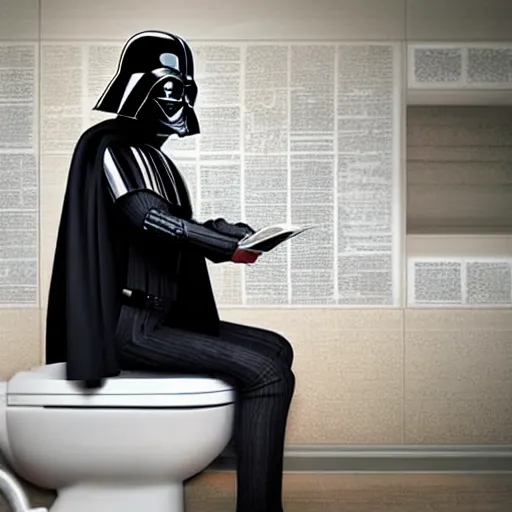 Image similar to darth vader sitting on the toilet taking a poop while reading the newspaper