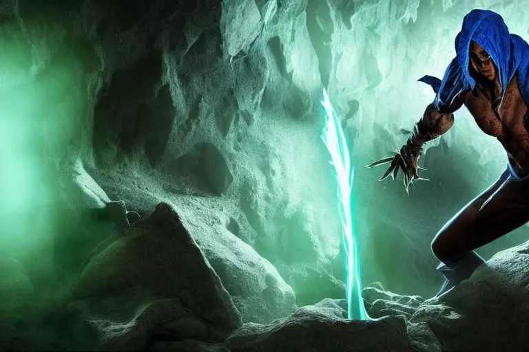 Prompt: vfx film, photorealistic render, soul reaver, raziel irl, price of persia movie, missing jaw, hero pose, devouring magic souls, scarf, hood, glowing green soul blade, in epic ancient sacred huge cave temple, flat color profile low - key lighting award winning photography arri alexa cinematography, hyper real photorealistic cinematic beautiful, atmospheric cool colorgrade
