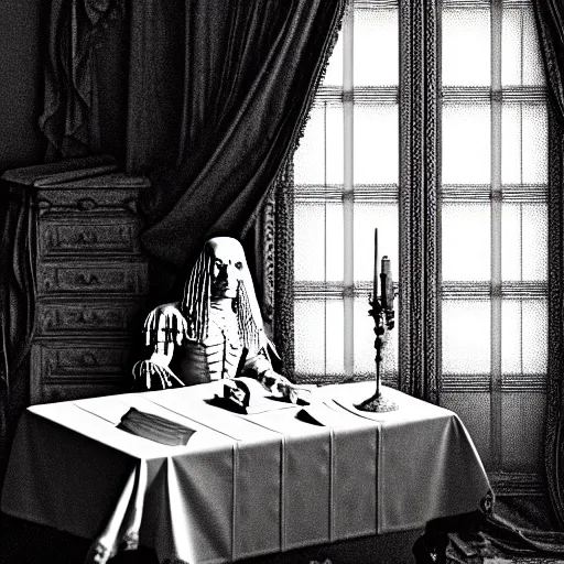 Image similar to An extremely detailed render of a mummy sitting at a Louis XIV desk, with very old curtains in the room. The desk has a 1880 phone on it. Dusty air, god rays, raytracing shadows, ambient occlusion, 8K, RTX 3090, trending on artstation, lumens