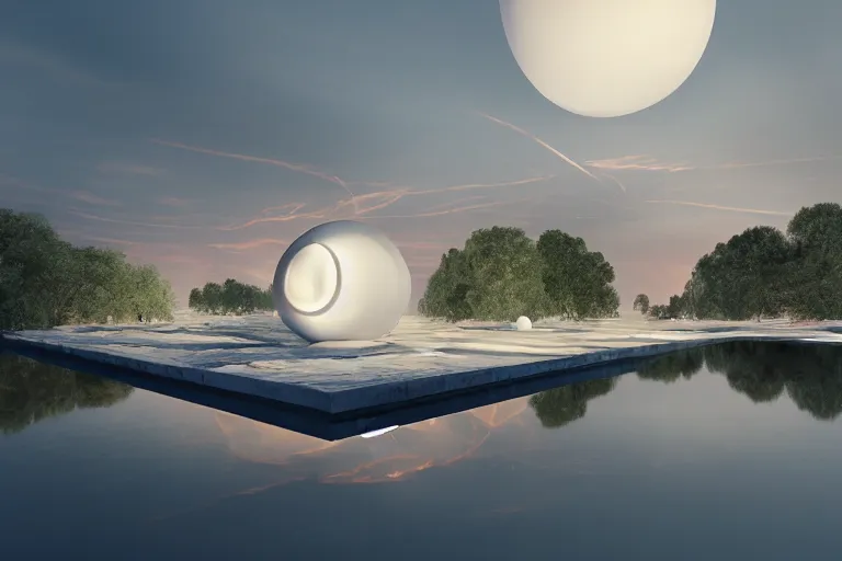 Image similar to a building formed by the intersection and fusion of many multi - white spherical and egg - shaped spaces. on the calm lake, people's perspective award winning, highly detailed 4 k art, dusk, unreal engine highly rendered, global illumination, radial light, internal environment by kazuyo sejima