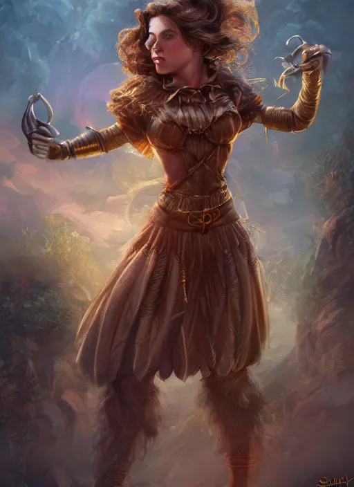 Image similar to beautiful female dorothy gale, rebecca romijn as dorothy, full body character concept, full leather armor, super powers, fantasy, intricate, elegant, highly detailed, digital painting, artstation, concept art, shining, sharp focus, illustration, art by stanley lau