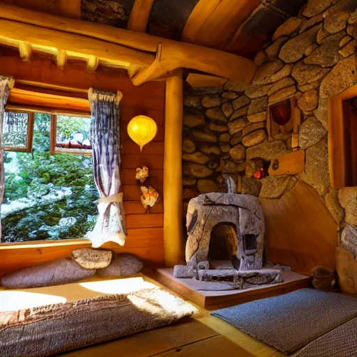 Image similar to photo of interior of fairytale cottage, english and japanese, cozy stone cottage