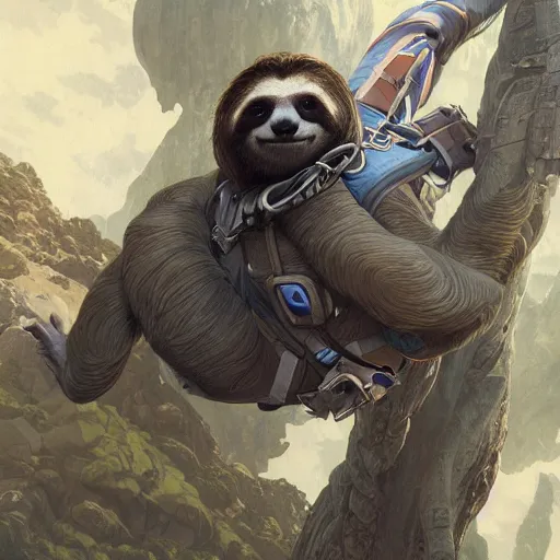 Prompt: detailed science - fiction character portrait of a sloth skydiving, wild, highly detailed, digital painting, artstation, concept art, smooth, sharp focus, illustration, art by artgerm and greg rutkowski and alphonse mucha