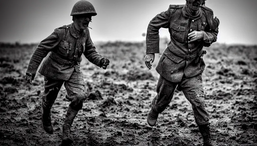 Image similar to screaming World War 1 soldier running across No Mans Land, wartorn landscape, lots of mud puddles and craters, dirty lens, cinematic lighting, IMAX close-up of face, cinematography, 35mm