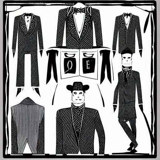 Image similar to a set of magician's men's clothing design, black and white tones, 2 d game art