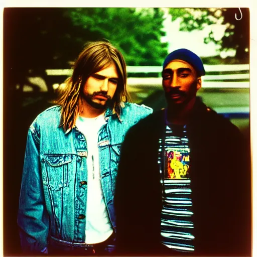 Image similar to Polaroid photograph of Kurt Cobain and Tupac Shakur, 90s, XF IQ4, 150MP, 50mm, F1.4, ISO 200, 1/160s, natural light, Adobe Lightroom, photolab, Affinity Photo, PhotoDirector 365,