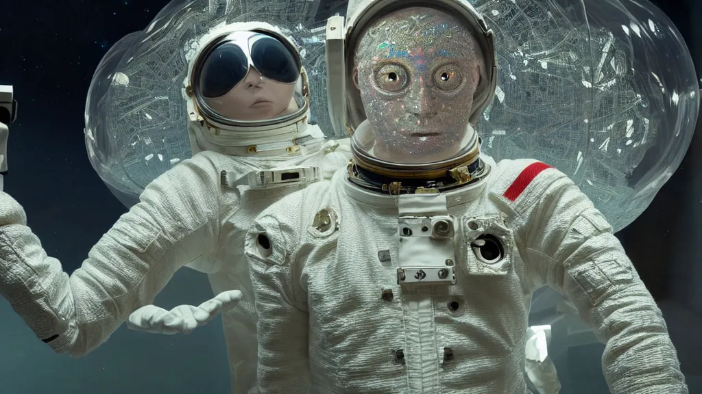 Image similar to a single astronaut eva suit made of diamond 3d fractal lace iridescent bubble 3d skin and covered with insectoid compound eye camera lenses floats through the living room, film still from the movie directed by Denis Villeneuve with art direction by Salvador Dalí, wide lens,