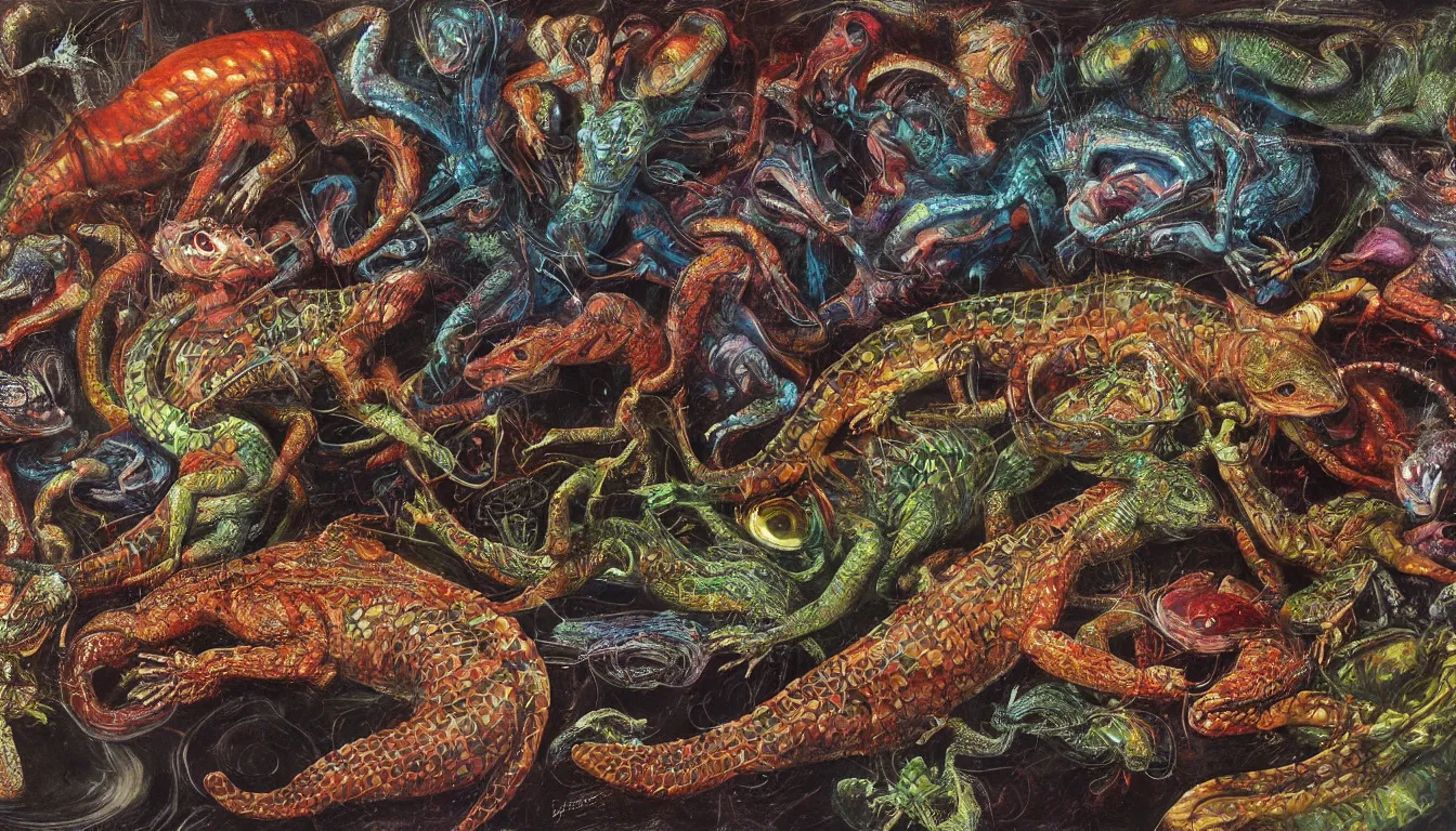 Prompt: realistic detailed photo rendered in octane 3d , a kaleidoscope of reptiles, mammals, birds, and amphibians could represent the internal unity of all beings, late 80's, by Francis Bacon , by H.R. Giger, by Ayami Kojima, Amano, Karol Bak, Greg Hildebrandt, and Mark Brooks, Beksinski painting, art by Takato Yamamoto