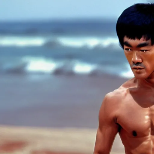 Prompt: bruce lee, meditating on beach, 4 k high definition