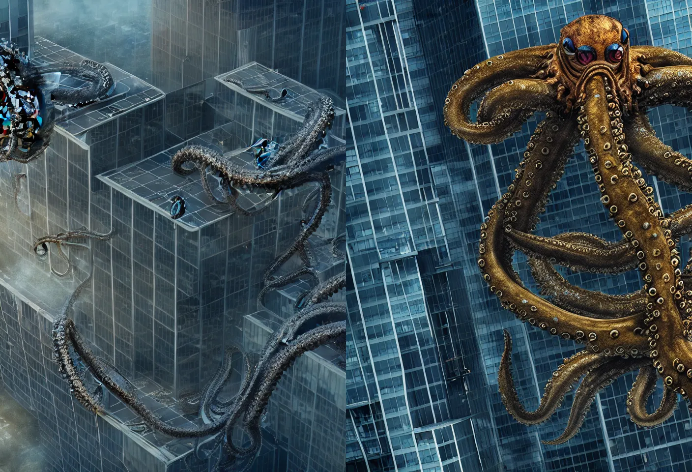 Prompt: A very giant Kraken-like multi-eyed monster jumped up on a office building and wrapped his tentacles all around him. High detail, aerial view, photorealism, concept art, octane render, zoom, close-up, 8k