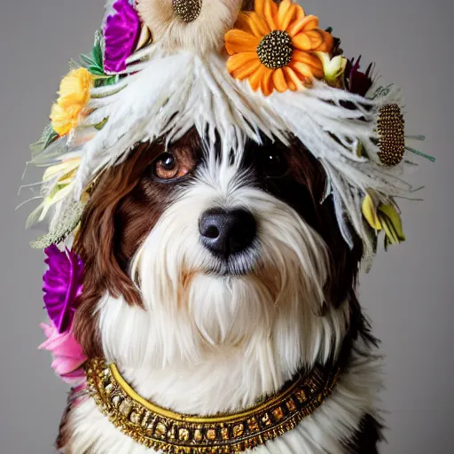 Image similar to cream - colored havanese dog wearing an ornate african necklace, a headpiece made from flowers, soft light colored background, intriguing pose, photo by tyler mitchell