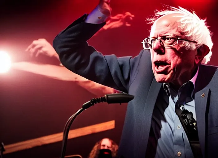 Prompt: publicity photo still of bernie sanders in a death metal band playing live on stage, 8 k, live concert lighting, mid shot