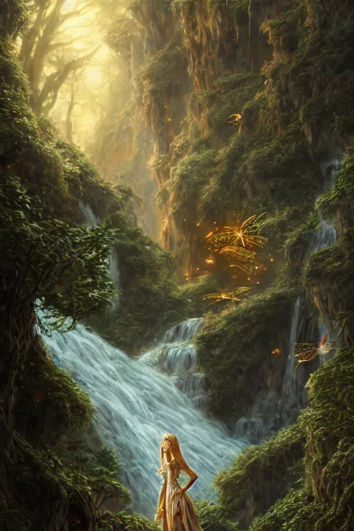 Image similar to detailed intricate digital illustration by greg rutkowski and david friedrich and ruan jia and fenghua zhong and steven belledi ; portrait of fairy girl standing in gothic fantasy valley and waterfall faerie fey unseelie in background ; 1 3 mm film, arri alfa anamorphic lens ; sharp focus, golden hour, fireflies ; trending on artstation 8 k closeup