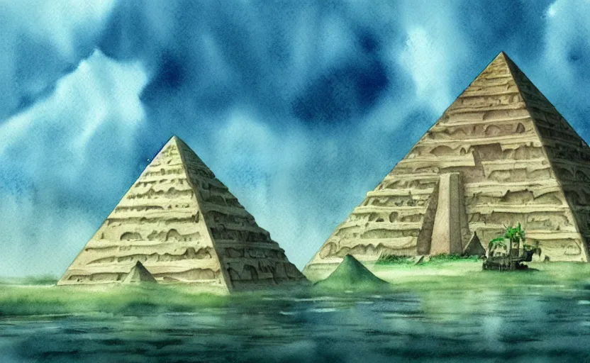 Image similar to a realistic and atmospheric cell - shaded watercolor concept art from howl's moving castle ( 2 0 0 4 ) of a sci - fi city and an egyptian pyramid complex in a flooded rainforest. very dull muted colors, hd, 4 k, hq