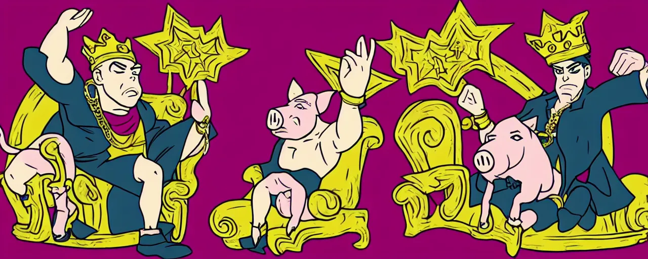 Prompt: king with pig head on a thrown style of JoJo’s bizarre adventure. Award winning. Cel animation