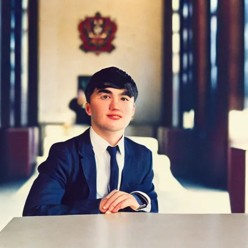 Image similar to A young man in a suit sits at a table , coat of arms of USSR in background, bokeh, cinestill, fine details