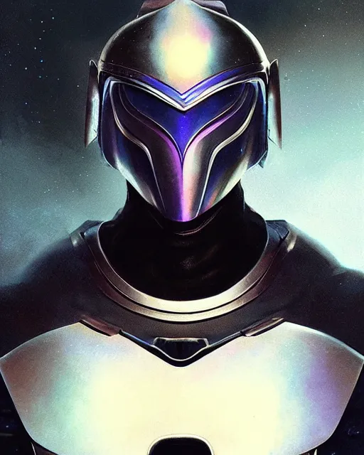 Prompt: character concept of iridescent sinewy smooth toned muscular male sleek glossy indigo black pearlescent scifi armor with continuous smooth black featureless helmet, by greg rutkowski, mark brookes, jim burns, tom bagshaw, magali villeneuve, trending on artstation