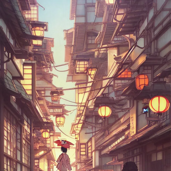 Prompt: japanese big city, summer, in the style of studio ghibli, j. c. leyendecker, greg rutkowski, artem