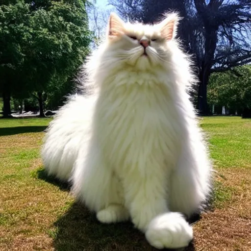 Prompt: giant! cat with fur overwhelmingly ( very very fluffy! ) giant! puffy fur in a park