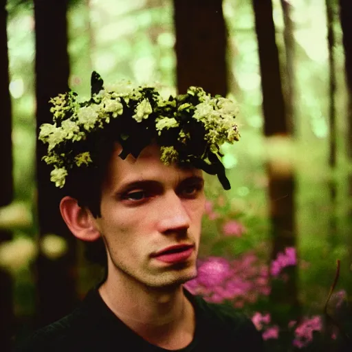 Image similar to close up kodak portra 4 0 0 photograph of a skinny guy standing in dark forest, face covered in flowers, moody lighting, telephoto, 9 0 s vibe, blurry background, vaporwave colors, faded!,