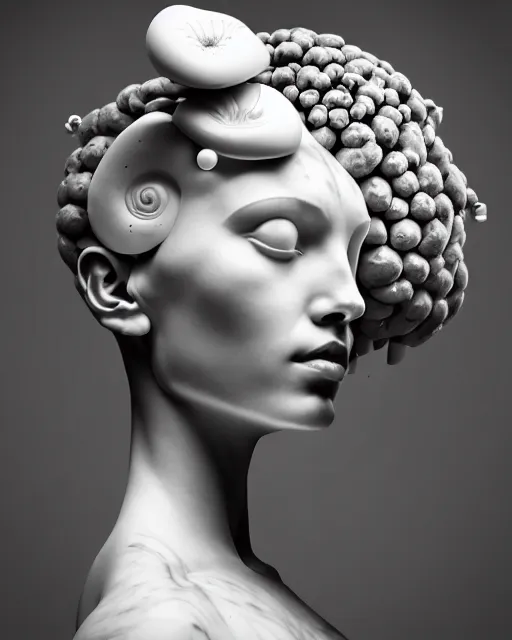 Prompt: surreal mythical dreamy black and white fine art photo of a monumental white marble sculpture of a cyborg - female with orchid - bird head and a luminous brain, rim light, cinematic, studio dramatic light, poetic, octane render, 8 k, photo - realistic