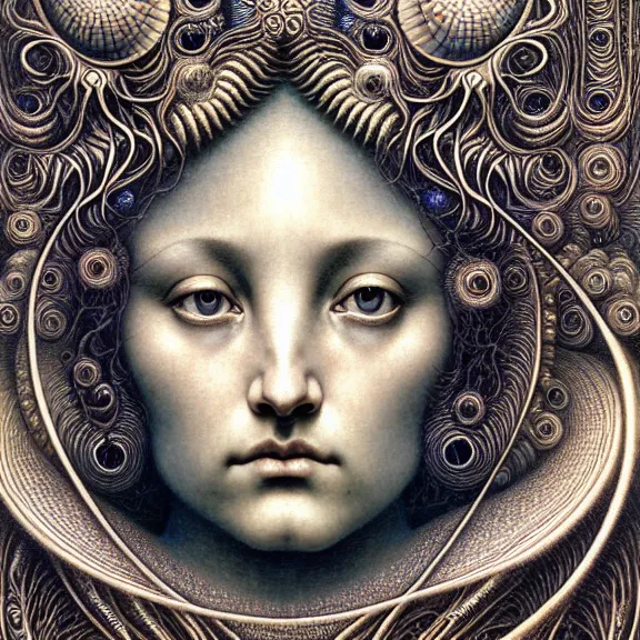 Image similar to detailed realistic beautiful moon goddess face portrait by jean delville, gustave dore, iris van herpen and marco mazzoni, art forms of nature by ernst haeckel, art nouveau, symbolist, visionary, gothic, neo - gothic, pre - raphaelite, fractal lace, intricate alien botanicals, ai biodiversity, surreality, hyperdetailed ultrasharp octane render