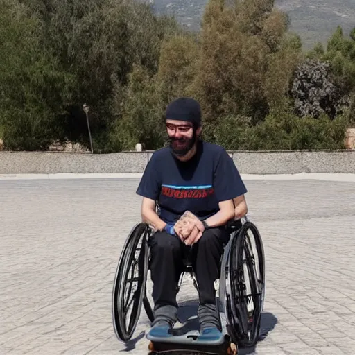 Image similar to pablo echenique in his wheelchair skateboarding in el valle de los caidos, in spain