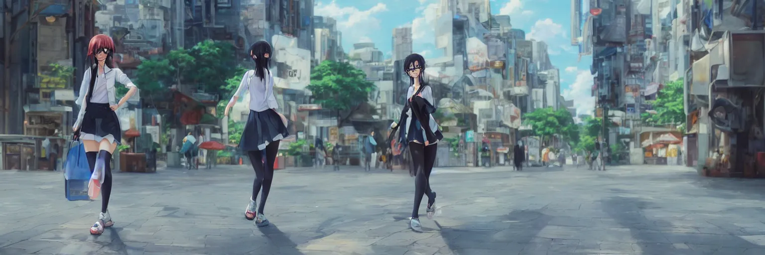 Prompt: an oil painting of hyper realistic 3 d anime girl wearing glasses, walking on the street from the future, by makoto shinkai