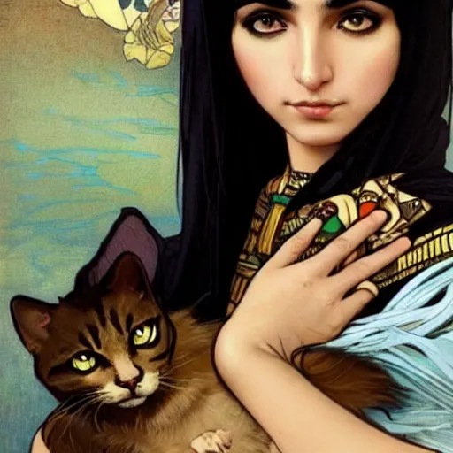 Prompt: cute emo egyptian woman, with long dark hair, thick eyebrows!!! dark eyes and dark circles!, wide nose!!!, big eyes, oval face shape, big cheeks!, she is holding a cat in her arms, by juan villafuerte, greg rutkowski and alphonse mucha, pexels contest winner, high quality photo, hd rtx