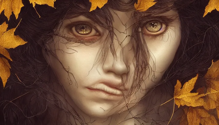 Image similar to golden leaves at frame border, creative!!! composition for a book cover!!!, absurdly beautiful, ultrafine hyperrealistic detailed old!! witch face by wlop and artgerm and greg rutkowski, intricate linework, sharp focus, smooth, octopath traveler, final fantasy, unreal engine, dramatic lighting, ethereal, 8 k