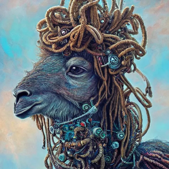 Prompt: llama with dreadlocks, by mandy jurgens, ernst haeckel, james jean. in the style of industrial scifi