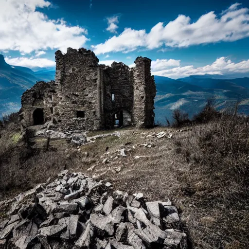 Image similar to photograph, a ruined castle on top of a big mountain, the photo was taken from very far away below the castke looking up at it, there are no other mountains around it, there is only sky in the background, day time, ambient lighting, exteme far up, ultra high detail, 8 k