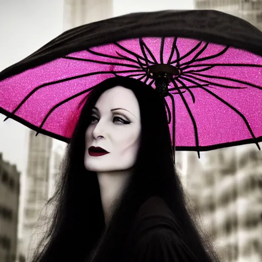 Image similar to morticia addams holding a parasol during a [ humid, rainy day ] as she saunters across the city, closeup!!!, photorealistic facial features, trending on artstation, 4 k photorealism, unsplash, shot by jimmy nelson