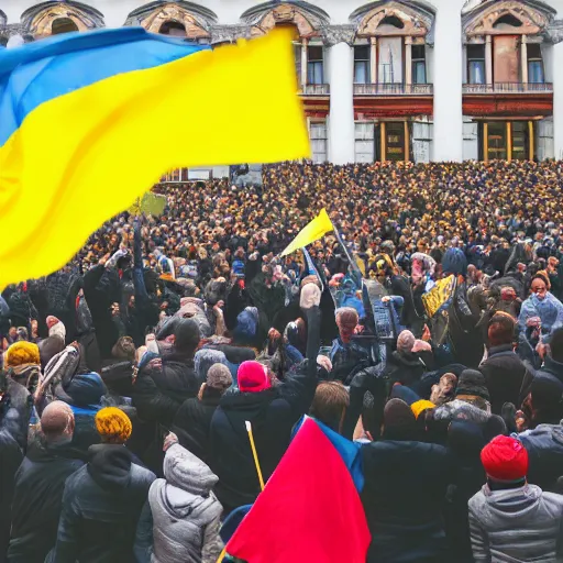 Prompt: a crowd of people with ukrainian flags throw down a statue of vladimir lenin, leica sl 2 5 0 mm, vivid color, high quality, high textured, real life