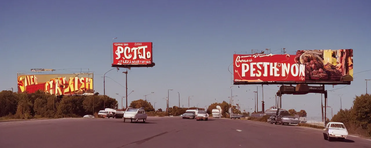 Image similar to spaghetti billboard advertisement, highway, sunset, canon 2 0 mm, kodachrome, in the style of wes anderson