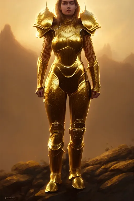 Image similar to professional digital art of a hyper realistic and highly detailed woman beautiful golden armor. accurate rending of one woman in armor. greg rutkowski, zabrocki, karlkka, jayison devadas, intricate, trending on artstation, 8 k, unreal engine 5, pincushion lens effect