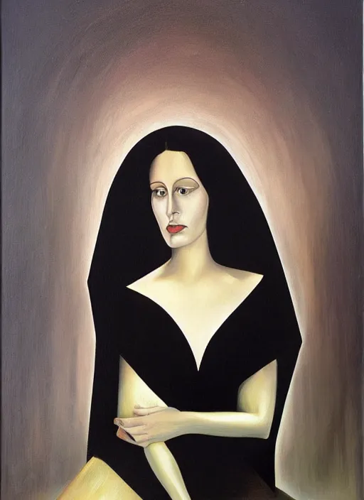 Image similar to oil painting of portait Queen of Ecstasy, dark hair, veil, black dress, Hungarian, by Georgia o Keeffe, by Marcel Jankowicz, 🥵