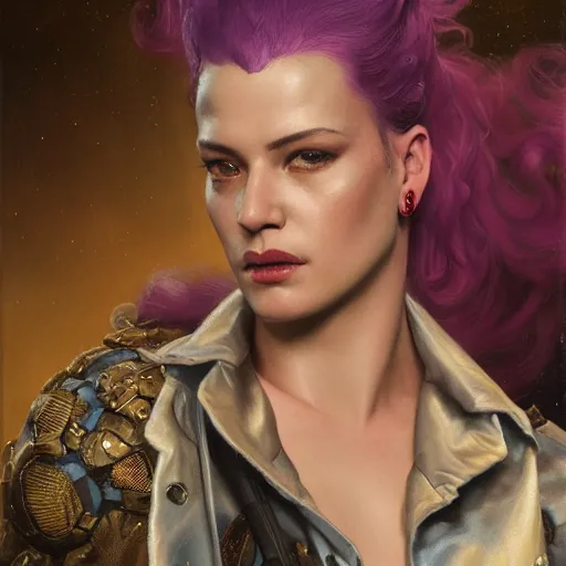 Image similar to portrait of zarya from overwatch in disco elysium, by alexander mcqueen, by roberto ferri, by tom bagshaw, by j. c. leyendecker and klimt, by austin osman spare, highly detailed oil painting, very intricate, cinematic lighting, award - winning, american romanticism, artstation, cgsociety, official art, octane