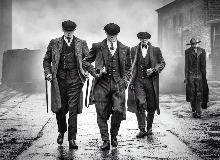 Prompt: an action scene from peaky blinders, medium long shot, 3 / 4 shot, full body picture of cillian murphy and tom hardy, sharp eyes, serious expressions, detailed and symmetric faces, black and white, epic photo by talented photographer ansel adams,