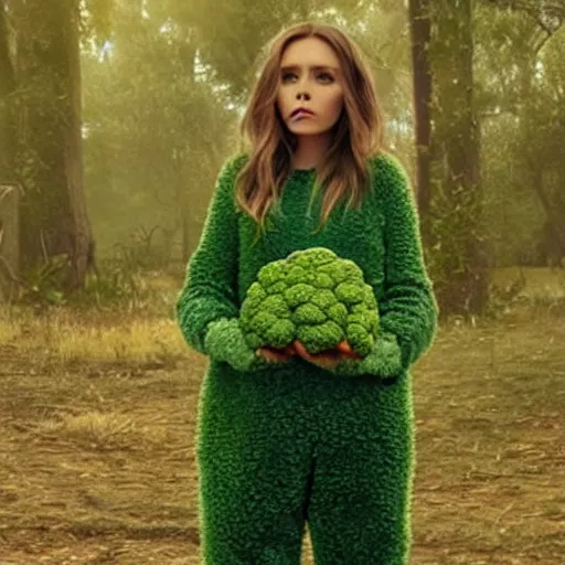 Image similar to elizabeth olsen has [ [ wearing a broccoli outfit ] ]!!, trending on cgsociety, 4 k quality, intricate