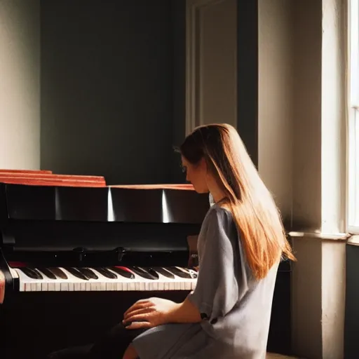 Image similar to a beautiful photo of a sad woman playing piano looking at the camera