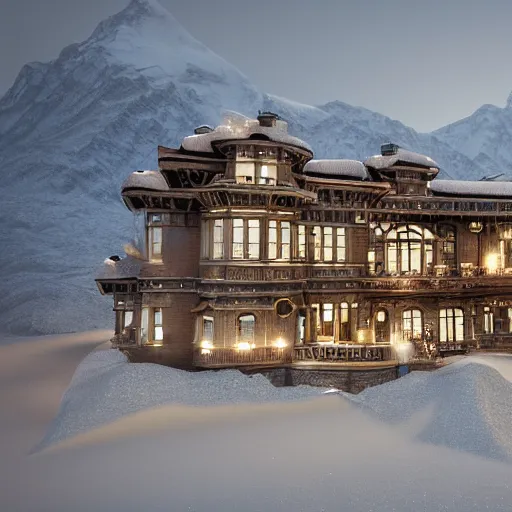 Prompt: a huge steampunk mansion in the snow deep in the himalayan mountains. 4 k octane render.