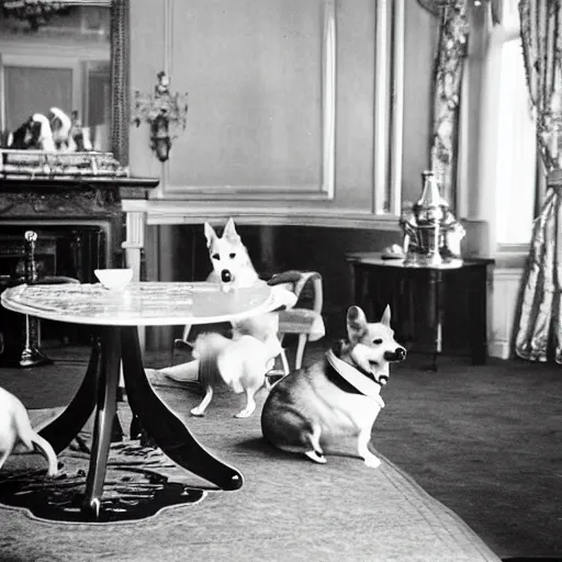 Prompt: historical photo of queen elizabeth having gin martinis with her corgis, the corgis are wearing sweaters, royal palace interior, natural sunlight, soft focus, highly detailed, depth of field
