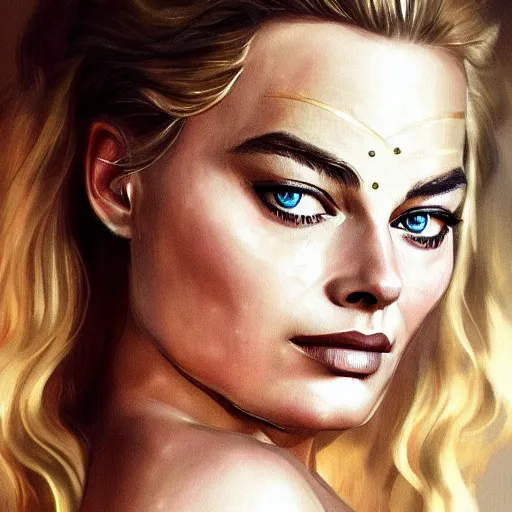 Image similar to margot robbie as a beautiful greek god, highly detailed, detailed face, digital art, trending on artstation